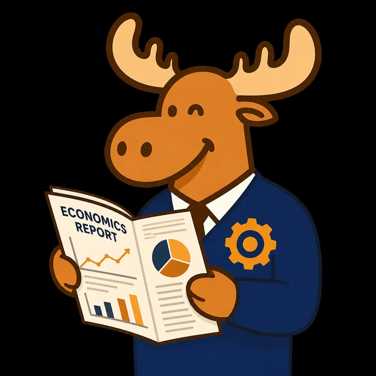 Ibonomics moose mascot in a suit reading an economics report