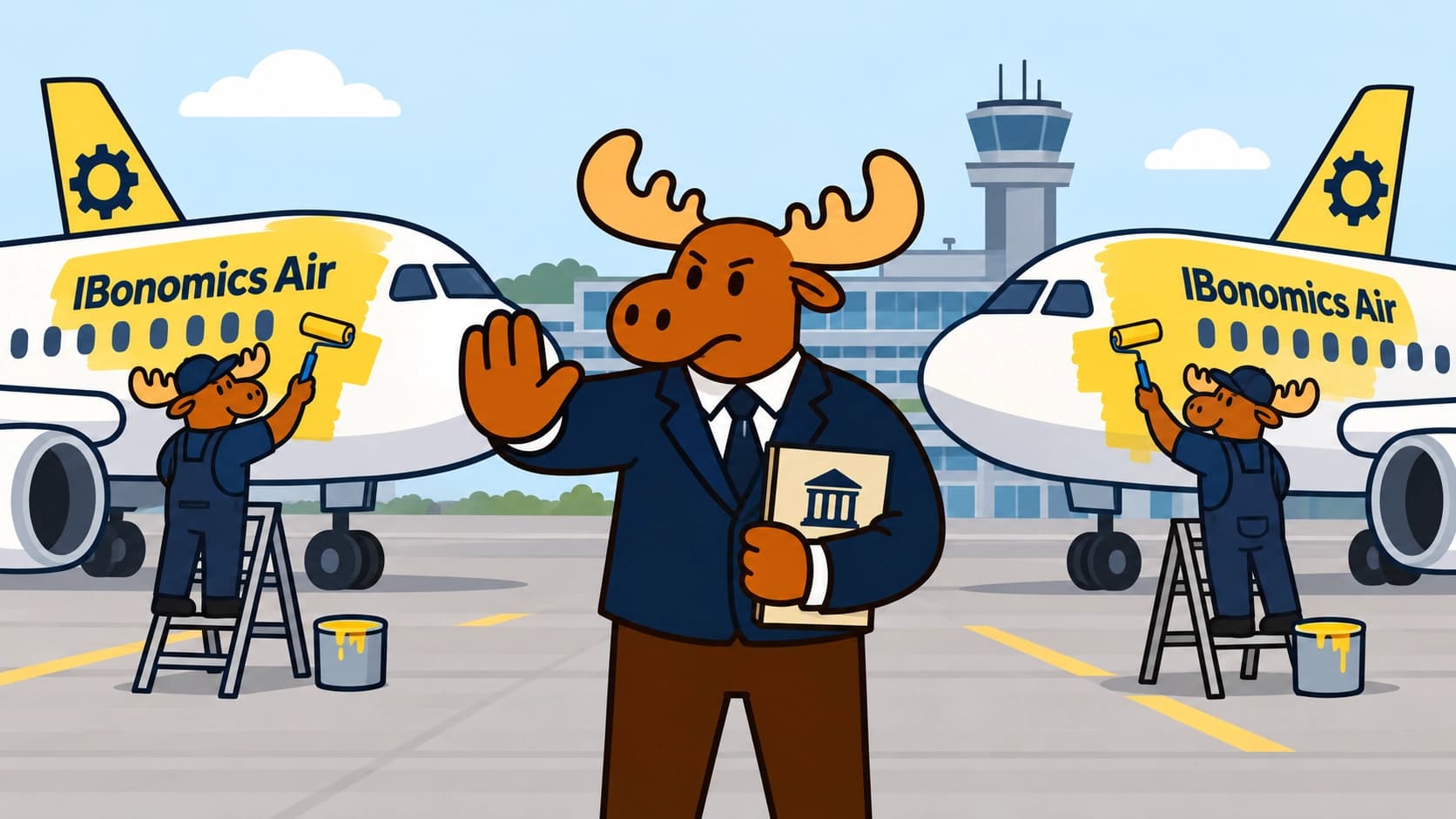 Two passenger aircraft approaching a merger symbol, representing government control of airline market concentration.