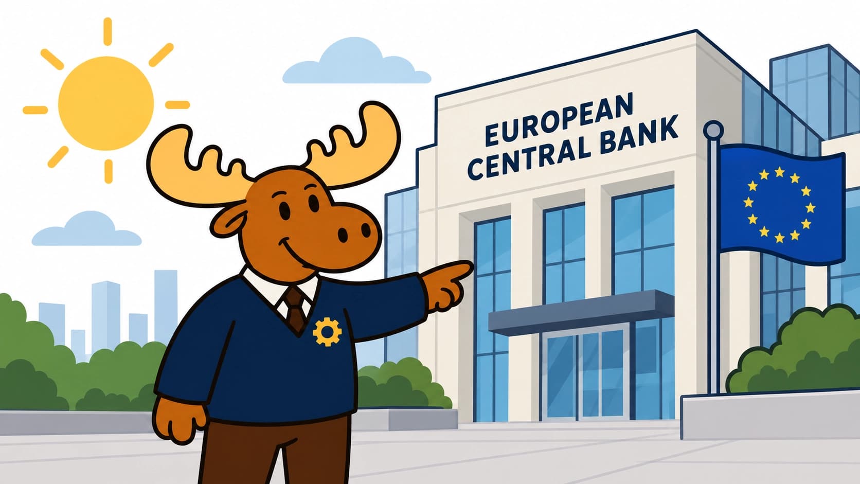 European Central Bank building with a downward interest-rate symbol