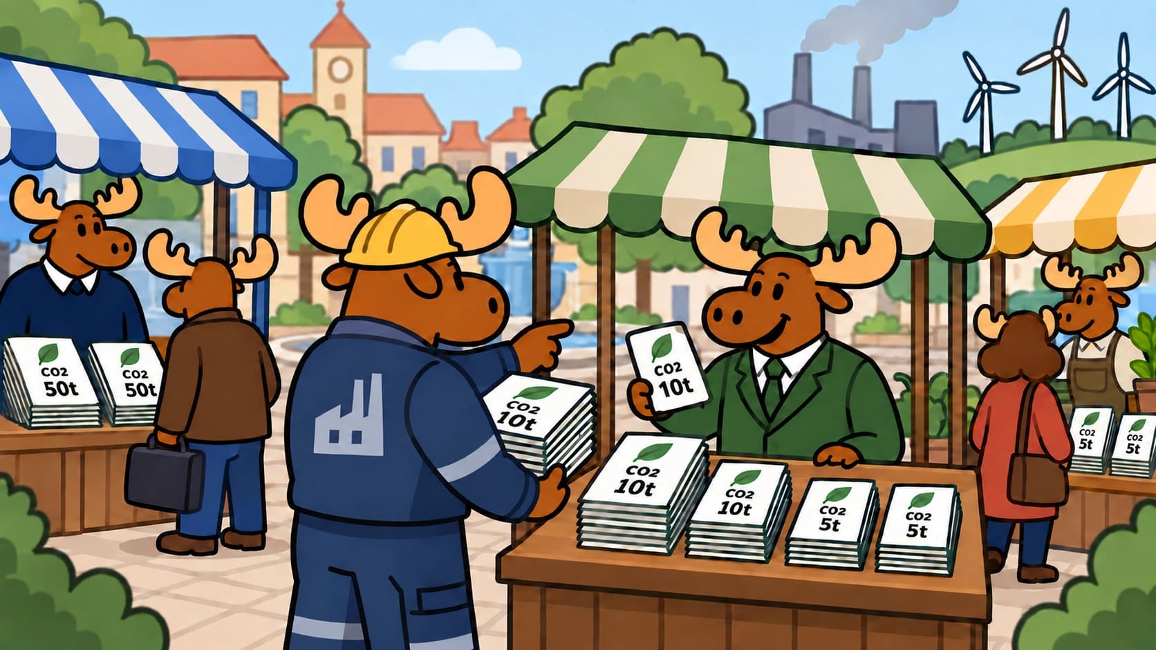 Industrial factories trading carbon permits under the European Union emissions trading system.