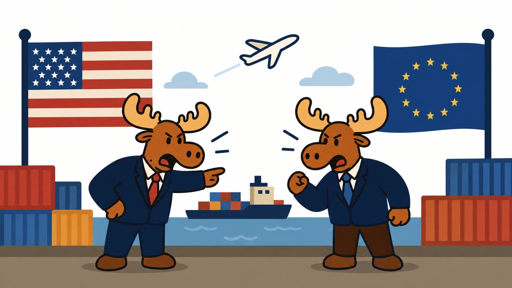 European and United States shipping containers separated by a tariff barrier